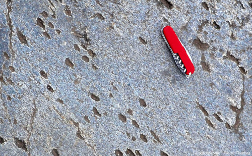 Vue rapprochée sur une dalle de granite dont la surface est perforée de “trous” allongés et parallèles entre eux, voie romaine de Fourvière (Lyon, Rhône)