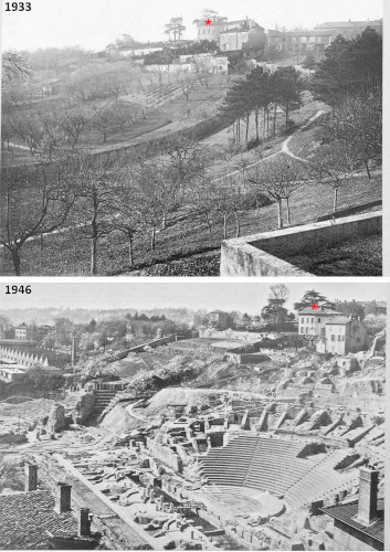 Photographies “historiques” montrant la colline de Fourvière, en haut, en 1933 et, en bas, en 1946