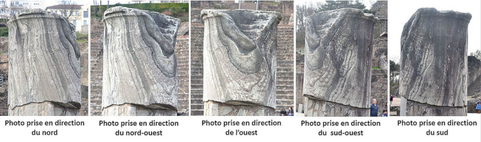Montage de cinq photos du haut de la colonne précédente montrant comment l'orientation d'un objet géologique par rapport à la direction de l'observation peut changer l'allure de cet objet