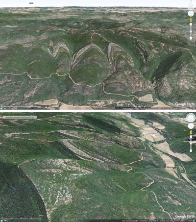 Vue aérienne sur des plis “attrape-nigaud ”, des chevrons, situés juste au Nord de Cucugnan (Aude)