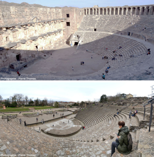 Comparaison entre le théâtre romain d'Aspendos (Turquie), ayant encore son mur de scène, et le théâtre romain de Fourvière, dont le mur de scène a été complètement détruit