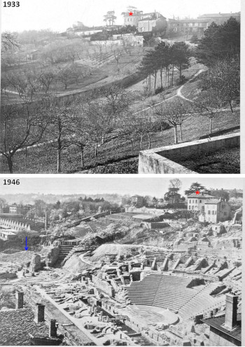 Photographies historiques montrant la colline de Fourvière avant et après les fouilles du milieu du XXe siècle