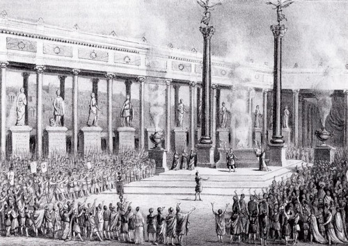 Lithographie du XIXe siècle montrant l'autel du sanctuaire fédéral de Lugdunum, tel qu'on l'imaginait alors