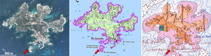 Vue aérienne, carte topographique et carte géologique de l'ile Cavallo (Corse)