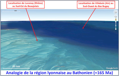 Vue aérienne d'un secteur des Bahamas, possible analogie actuelle ressemblant à la région lyonnaise telle qu'elle était au Jurassique moyen (Bathonien) il y a 165 Ma