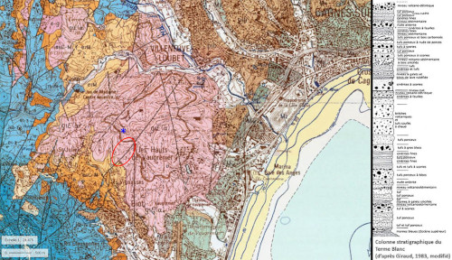 Extrait de la carte géologique de Grasse-Canne et log stratigraphique du Terme Blanc