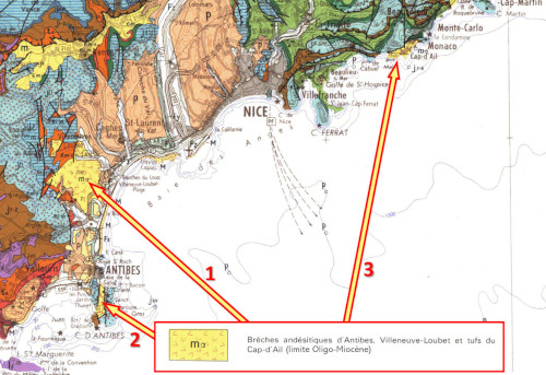 Extrait de la carte géologique de Nice à 1/250 000 et de sa légende localisant les affleurements andésitiques de Biot – Villeneuve-Loubet (1), d'Antibes (2) et du Cap d'Ail (3)