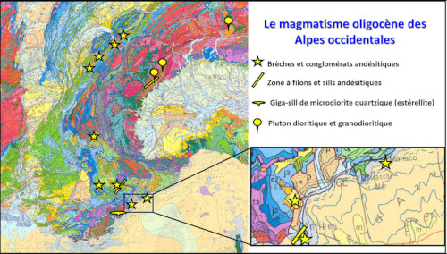 Extrait de la carte géologique de France à 1/1 000 000 montrant la localisation des principales zones où affleurent des témoins (épargnés par l'érosion) de ce magmatisme calco-alcalin oligocène des Alpes