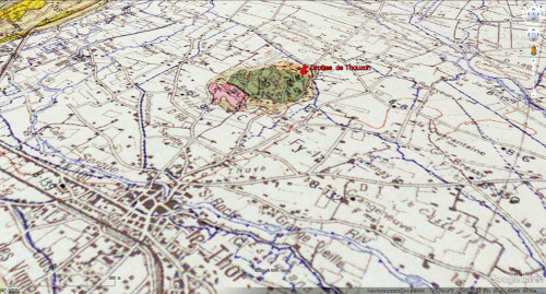 Extrait (en vue oblique) du secteur de la carte géologique à 1/50 000 d'Avignon montrant le contexte géologique des grottes de Thouzon (Le Thor, Vaucluse)