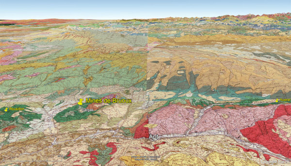 Vue oblique avec les cartes géologiques du secteur de Gargas / Apt (Vaucluse)