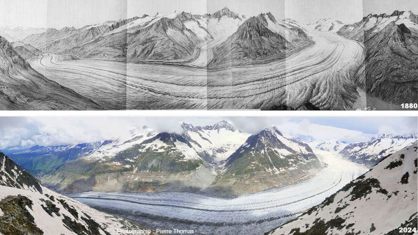 Comparaison entre le glacier d'Aletsch en 1880 (lithographie Xaver Imfeld) vu du sommet de l'Eggishorn et en 2024 vue de la station d'arrivée du téléphérique de l'Eggishorn