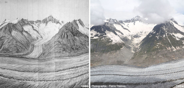 Comparaison entre la vallée secondaire du centre de l'image précédente dans leurs états de 1880 (lithographie Xaver Imfeld) et de 2024