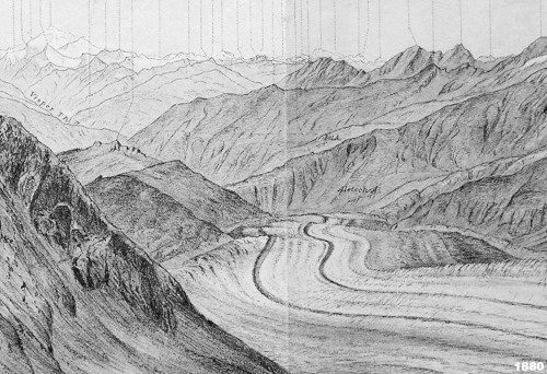 Vue depuis l'Eggishorn, prise en direction de l'aval, sur la langue terminale du glacier d'Aletsch en 1880 (lithographie Xaver Imfeld)