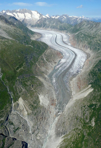 Vue montrant l'état de la langue terminale du glacier d'Aletsch au XXIe siècle (en 2008)