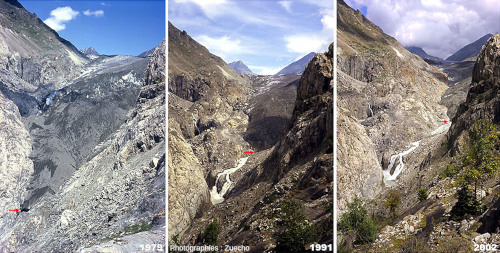 Vingt-trois ans (1979, 1991, 2002) de suivi du recul du front du glacier d'Aletsch (front signalé par une petite flèche rouge)