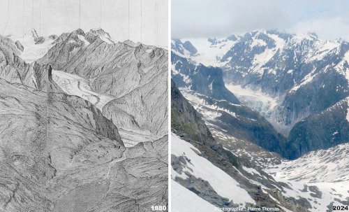 Comparaison entre le glacier de Fiesch vu depuis l'Eggishorn en 1880 (lithographie Xaver IMFELD) et son état en 2024