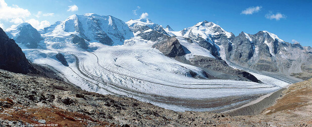 Autre vue d'ensemble sur le glacier Pers photographié depuis la station supérieure du téléphérique de la Diavolezza (2978 m), mais en septembre 2006