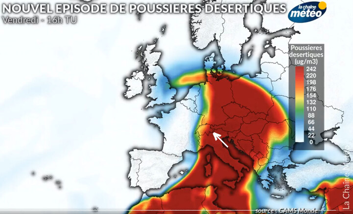 Situation du “nuage” de poussière saharienne le vendredi 21 juin 2024, 16h TU