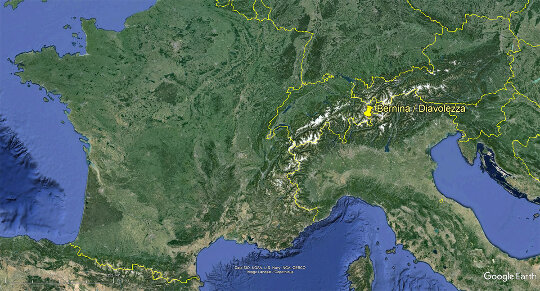 Localisation du massif de la Bernina et du téléphérique de la Diavolezza dans l'Est de la Suisse, près de la frontière italo-suisse