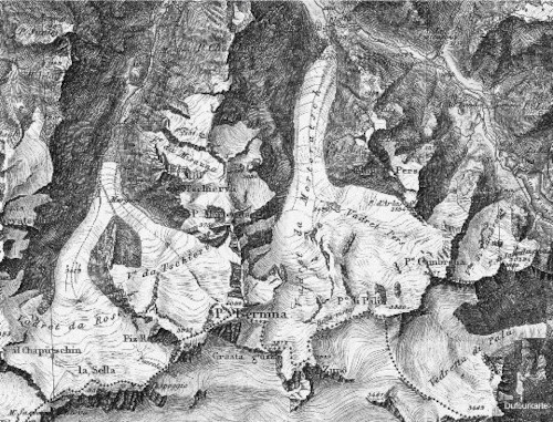 Carte topographique datant de 1866 couvrant la partie Nord du Massif de la Bernina (Suisse)