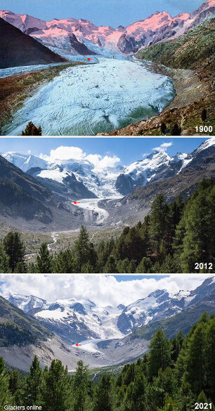 L'évolution du glacier Morteratsch sur 120 ans, de 1900 à 2021, canton des Grisons, Suisse