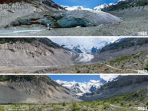 L'évolution du glacier Morteratsch sur 36 ans, de 1985 à 2021