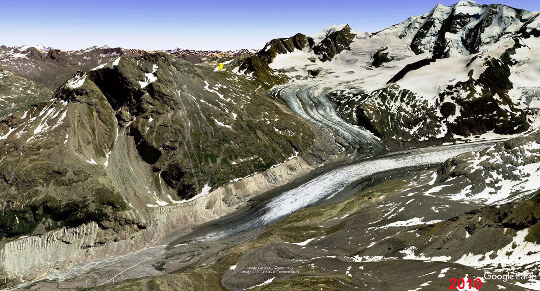 Le confluent entre les glaciers Pers et Morteratsch, vu en 2010