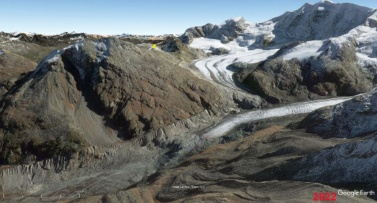 Le confluent entre les glaciers Pers et Morteratsch, vu en 2022