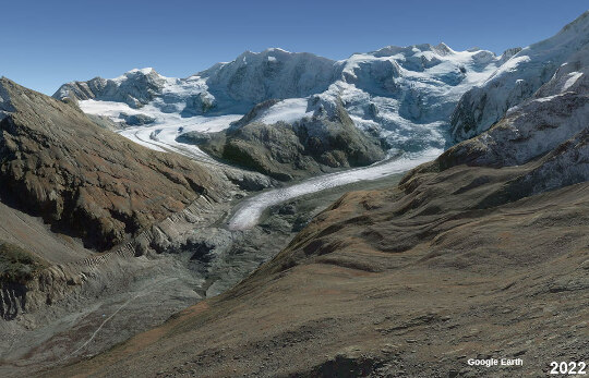 Vue aérienne sur le confluent entre les glaciers Pers et Morteratsch en 2022