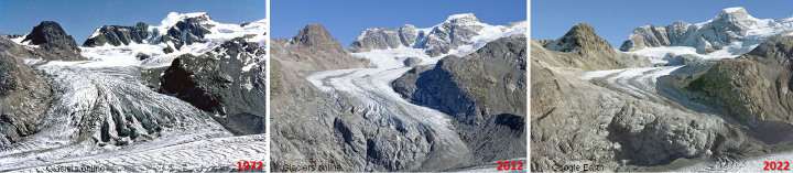 Montage de 3 vues du confluent entre les glaciers Pers et Morteratsch tel qu'il était en 1972, 2012 et 2022