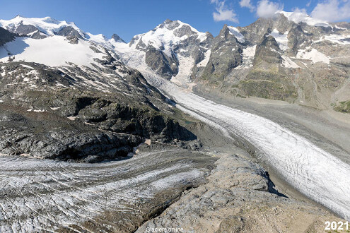 Vue plus rapprochée du confluent entre les glaciers Pers et Morteratsch vu du Mont Pers en 2021