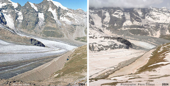 Comparaison entre le confluent des glaciers Pers et Morteratsch vu depuis la station supérieure du téléphérique de la Diavolezza en 1994 et 2024