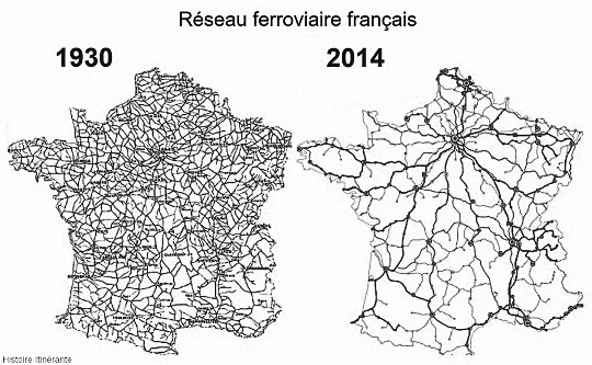 Cartes comparées du réseau ferroviaire français en 1930 et 2014