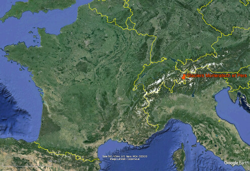 Localisation des glaciers Pers et Morteratsch, au pied duquel passe la ligne ferroviaire Saint-Moritz / Tirano