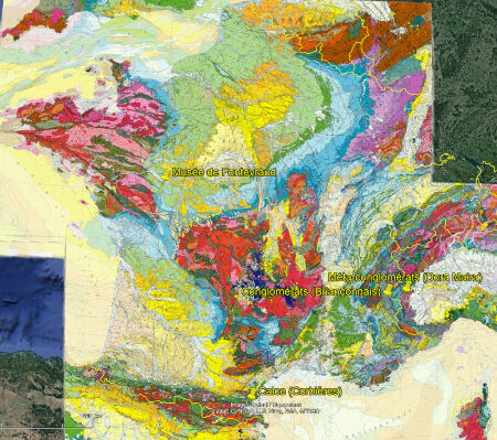 Localisation, sur fond de carte géologique de la France, des sites signalés dans cet article