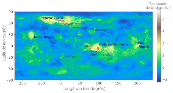 Localisation des cratères Chloe, Quimby et Kauffman à la surface de Vénus sur fond de carte topographique