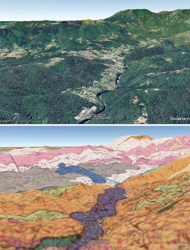 Vue aérienne et carte géologique associée avec approximativement le même champ et la même orientation que la figure précédente