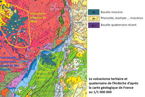 Extrait de la carte géologique de France à 1/1 000 000 montrant les trois provinces volcaniques de l'Ardèche