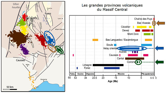 Carte géologique et diagramme chronologique situant les trois provinces volcaniques de l'Ardèche dans l'ensemble du volcanisme cénozoïque du Massif central