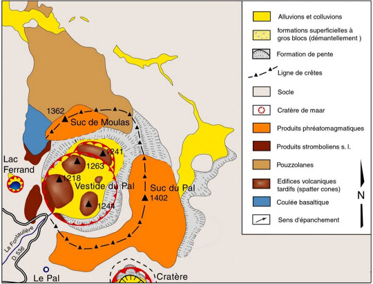 Extrait d'une carte géologique éditée par le Parc naturel régional des Monts d'Ardèche montrant la structure du maar de la Vestide du Pal