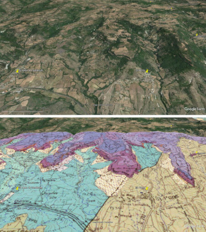 Vue aérienne et carte géologique correspondante recouvrant les deux plateaux basaltiques des deux images précédentes