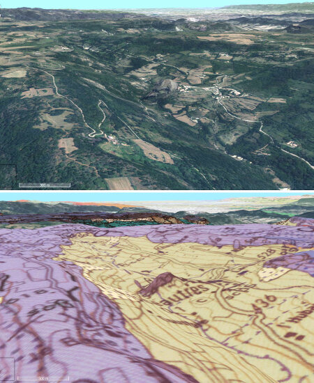 Vue aérienne et carte géologique correspondante de la vallée du ruisseau de Téoulemale, vallée “accidentée” en son milieu par le neck de Sceautres (Ardèche)