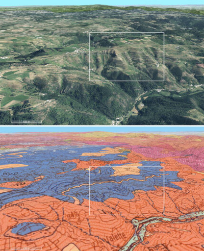 Vue aérienne plus large et carte géologique correspondante du secteur de Saint-Clément (Ardèche)