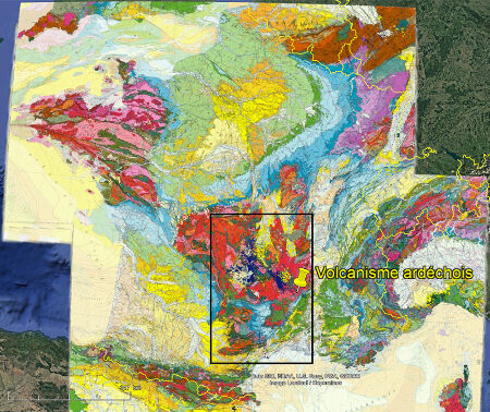 Localisation du volcanisme ardéchois sur la carte géologique de France