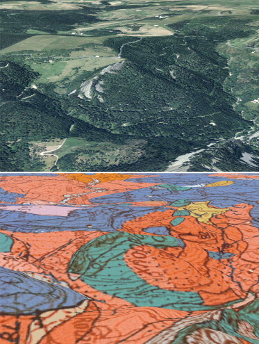 Vue aérienne et carte géologique correspondante du Rocher des Pradoux (Ardèche)