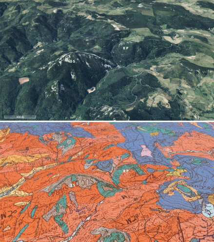 Vue élargie aérienne et carte géologique correspondante du Rocher des Pradoux (RP) et du Suc de Sara (SS)