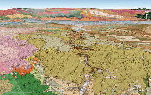 Carte géologique de l'ensemble des gorges de l'Ardèche, avec la même projection que la vue précédente