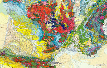 Carte géologique du Sud de la France localisant les gorges de l'Ardèche entaillant le Crétacé inférieur (entre les deux punaises jaunes) et le cirque de Gens (punaise bleue)