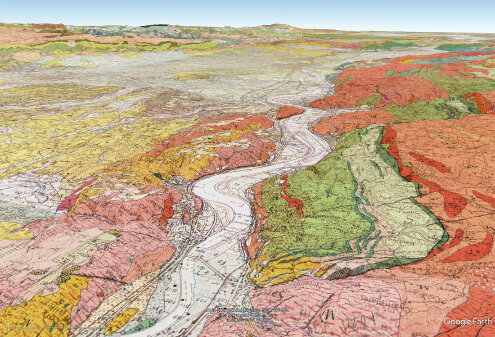 Vue oblique des cartes géologique à 1/50 000 couvrant (approximativement) le champ de la figure 1