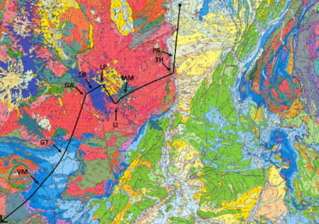 Report sur la carte géologique de France à 1/1 000 000 des sites de prise de vue sur ce trajet aller Lyon-Pau